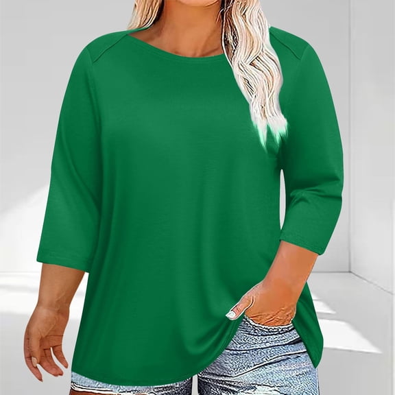 Babysbule Women's Plus Size V-Neck 3/4 Sleeve Blouse Casual Loose T-Shirt Soft Polyester Stylish Printed Top for Summer Spring Daily Wear
