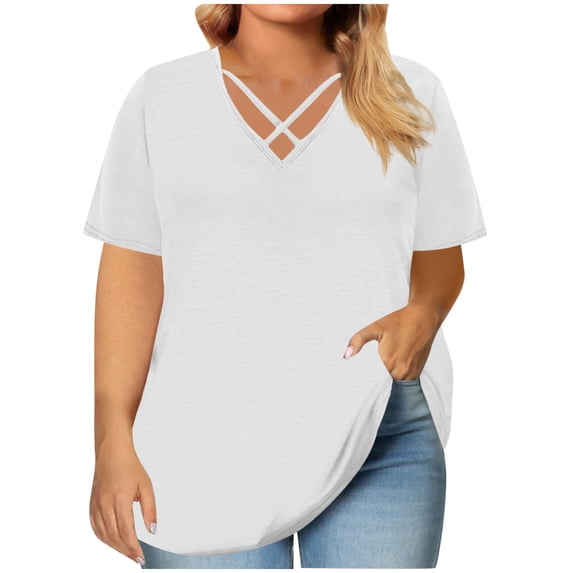 Babysbule Women's Plus Size V-Neck T-Shirt Soft Breathable Summer Casual Short Sleeve Tee for Women L-5XL