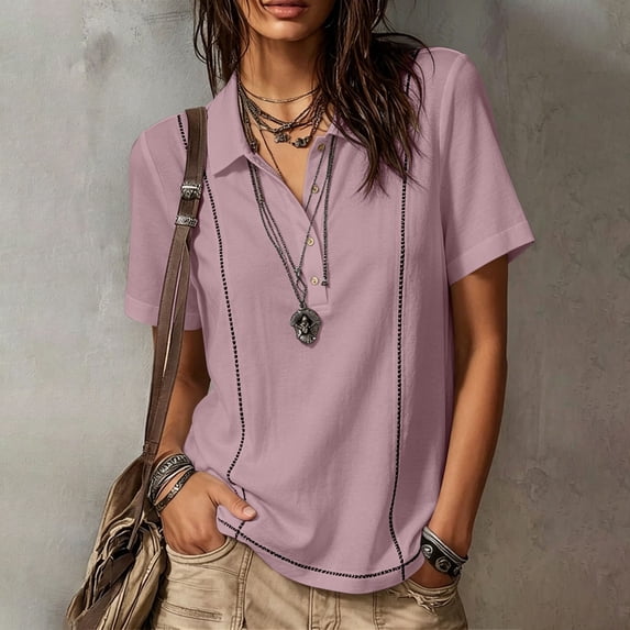 Babysbule Women's Point Collar Short Sleeve Button Front Contrast Stitching Relaxed Fit Casual Work Everyday Top