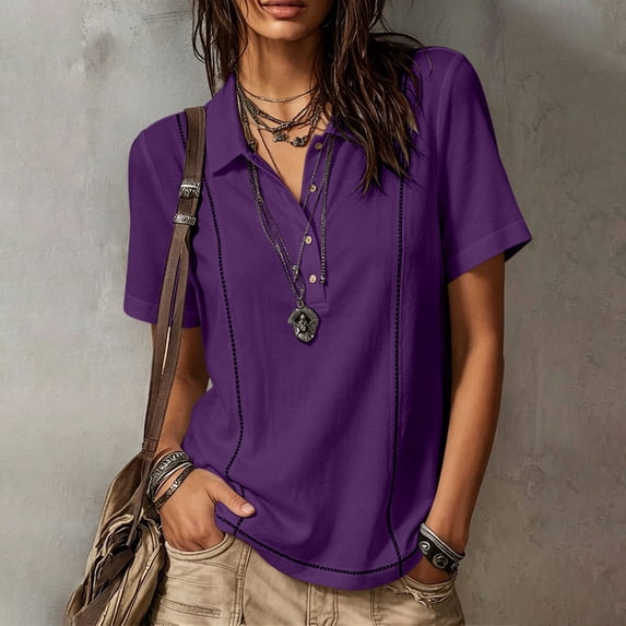 Babysbule Women's Point Collar Short Sleeve Button Front Contrast Stitching Relaxed Fit Casual Work Everyday Top