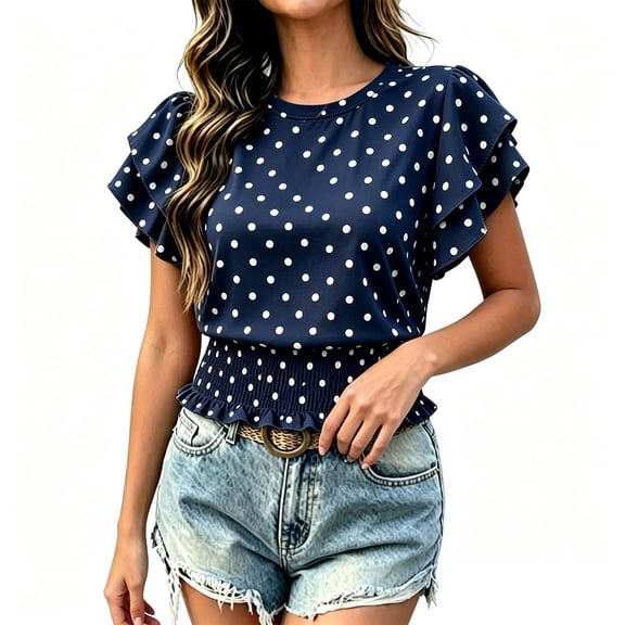 Babysbule Women's Polka Dot Double Ruffle Short Sleeve Smocked Waist Crew Neck Casual Blouse