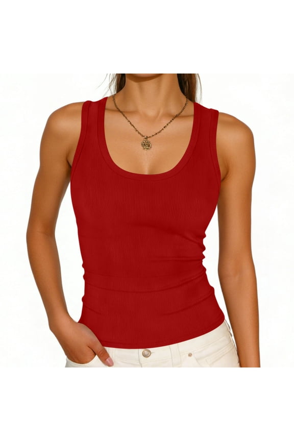 Women's Ribbed Fitted Scoop Neck Tank Top, Solid Color Sleeveless Cami, Stretchy Polyester Spandex Shirt for Casual and All-Season Layering