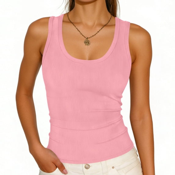 Babysbule Women's Ribbed Fitted Scoop Neck Tank Top, Solid Color Sleeveless Cami, Stretchy Polyester Spandex Shirt for Casual and All-Season Layering