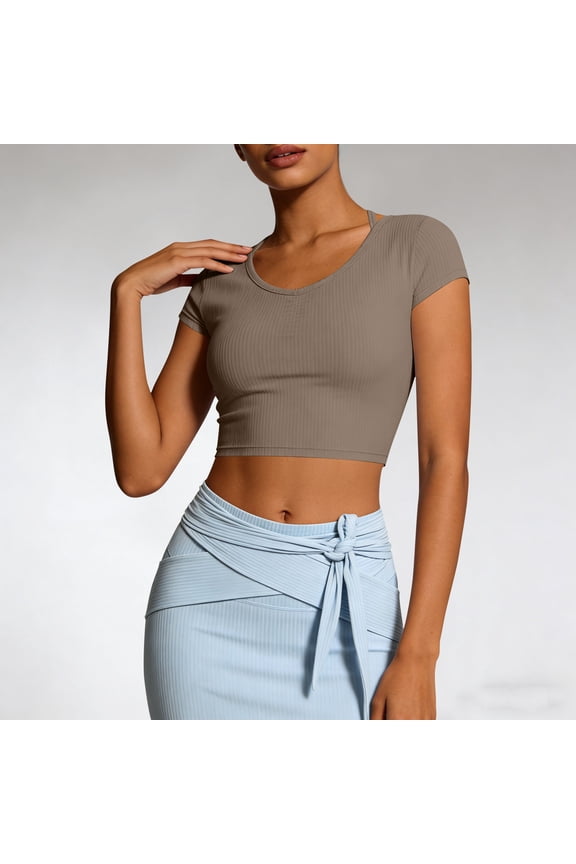 Women's Ribbed Short Sleeve Fitted Crop Top, Breathable Fast Dry Athletic Shirt for Yoga, Running, Workout and Casual Wear
