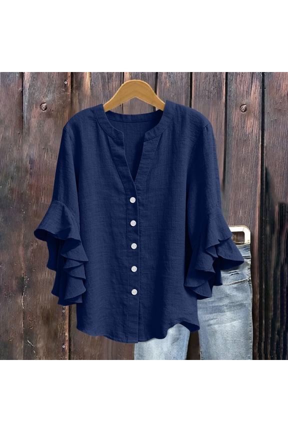 Women's Ruffle 3/4 Sleeve Linen Blouse, V Neck Button Down Casual Loose Top for Spring Summer