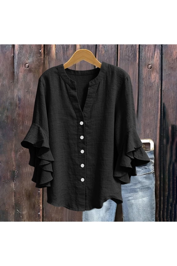 Women's Ruffle 3/4 Sleeve Linen Blouse, V Neck Button Down Casual Loose Top for Spring Summer