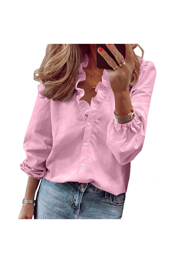 Women's Ruffle V-Neck Puff Sleeve Blouse Loose Fit Button Down Top Plus Size Polyester Spandex Shirt for Spring Summer Fall Daily Wear