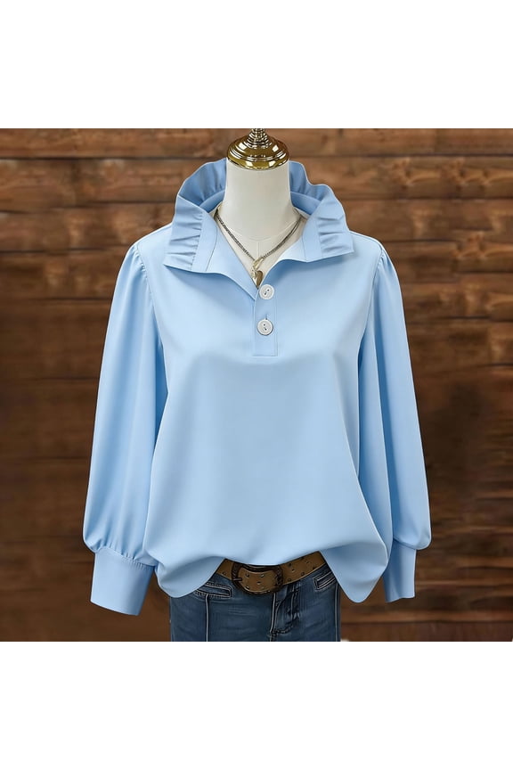 Women's Ruffled High Collar Puff Sleeve Half Button Blouse, Loose Fit Casual Top for Spring Summer Daily Wear