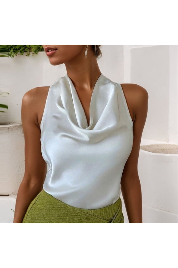 Women's Satin Cowl Neck Halter Sleeveless Blouse, Solid Color Backless Cropped Top, Wrinkle Resistant Shirt for Wedding Brunch and Cocktail Party Wear