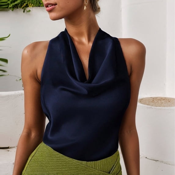 Babysbule Women's Satin Cowl Neck Halter Sleeveless Blouse, Solid Color Backless Cropped Top, Wrinkle Resistant Shirt for Wedding Brunch and Cocktail Party Wear
