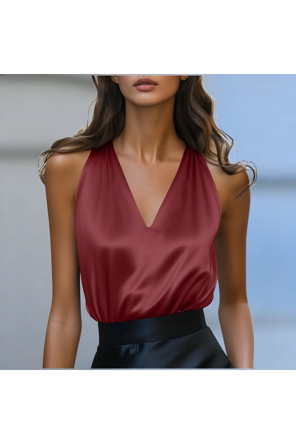 Women's Satin Halter Neck Crop Top, Deep V Neck Elegant Camisole, Plus Size Sleeveless Blouse for Evening Party and Date Wear