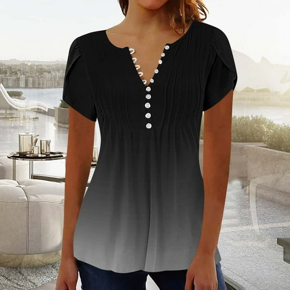 Babysbule Women's V Neck Button Down Top Summer Casual Printed Short Sleeve Blouse Party Beach T-Shirt Fashion Fold Design