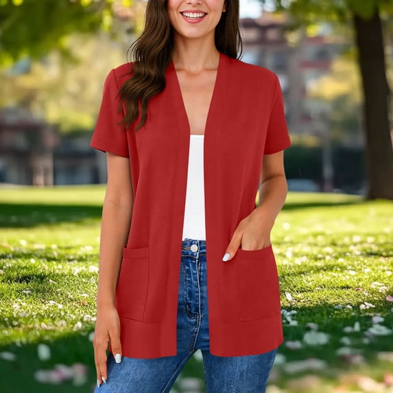 Babysbule Women's Short Sleeve Open Front Cardigan Casual Loose Blouse with Pockets Spring Summer Lightweight Cover Up for Daily Work Wear