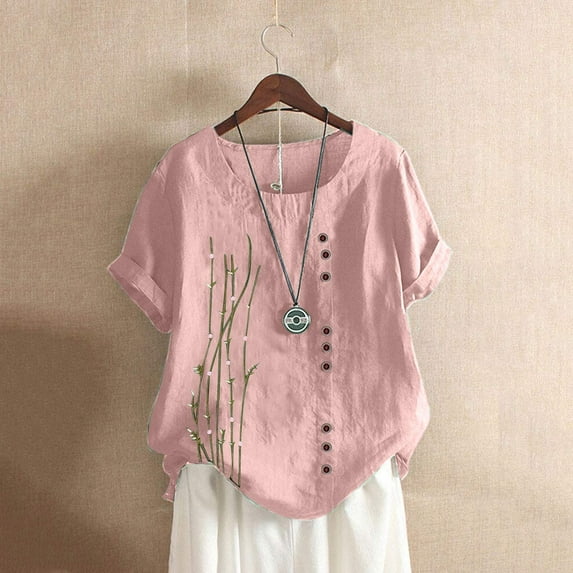 Babysbule Women's Short Sleeve Tops Casual Round Neck Floral Printed Loose Button Tunic Womens Tops