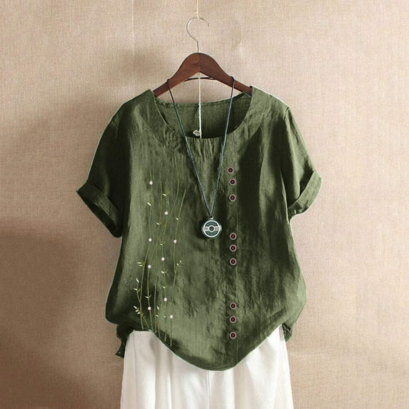 Babysbule Women's Short Sleeve Tops Casual Round Neck Floral Printed Loose Button Tunic Womens Tops