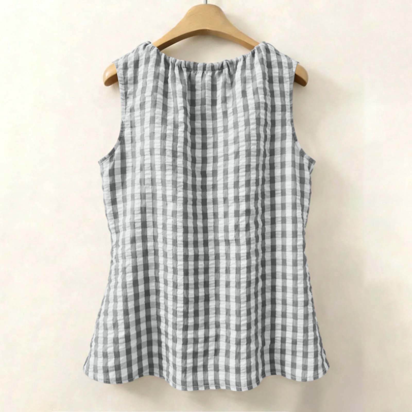 Babysbule Women's Sleeveless Crew Neck Gingham Blouse, Loose Fit Side ...