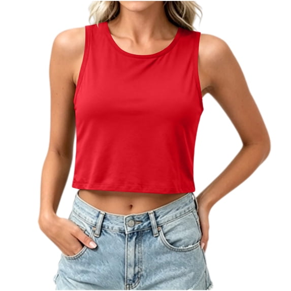 Babysbule Women's Sleeveless Crew Neck Muscle Crop Tank Top, Regular Fit Casual Summer Knit Blouse