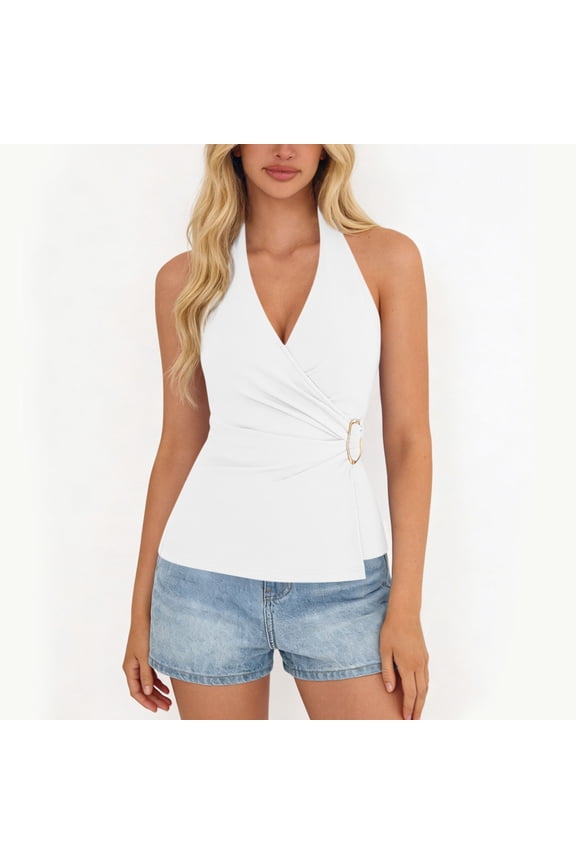 Women's Sleeveless Halter Neck Wrap Top, V Neck Buckle Detail Blouse, Polyester Spandex Casual Shirt for Summer, Date and Party Wear