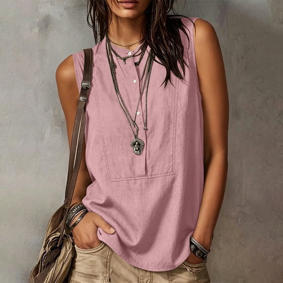 Babysbule Women's Sleeveless Henley Muscle Blouse, Loose Fit Casual Summer Button Down Shirt for Women