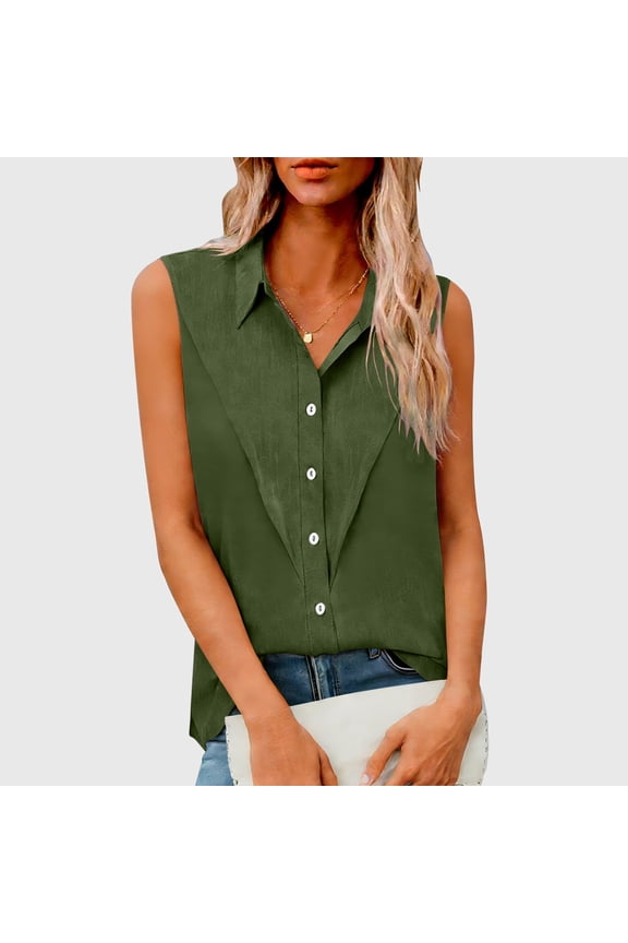 Women's Sleeveless Lapel Blouse, Imitation Linen Button Down Tunic, Plus Size Casual Summer Top for Work Beach and Vacation Wear