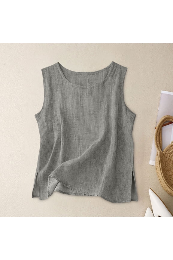 Women's Sleeveless Linen Look Round Neck Tank Top, Casual Solid Color Side Split Blouse for Summer Daily Wear