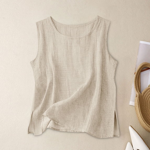 Babysbule Women's Sleeveless Linen Look Round Neck Tank Top, Casual Solid Color Side Split Blouse for Summer Daily Wear