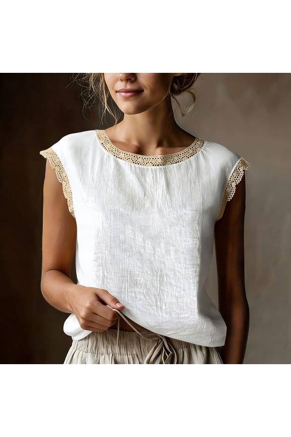 Women's Sleeveless Round Neck Lace Trim Cotton Linen Blouse Casual Summer Top for Daily Wear Vacation Brunch