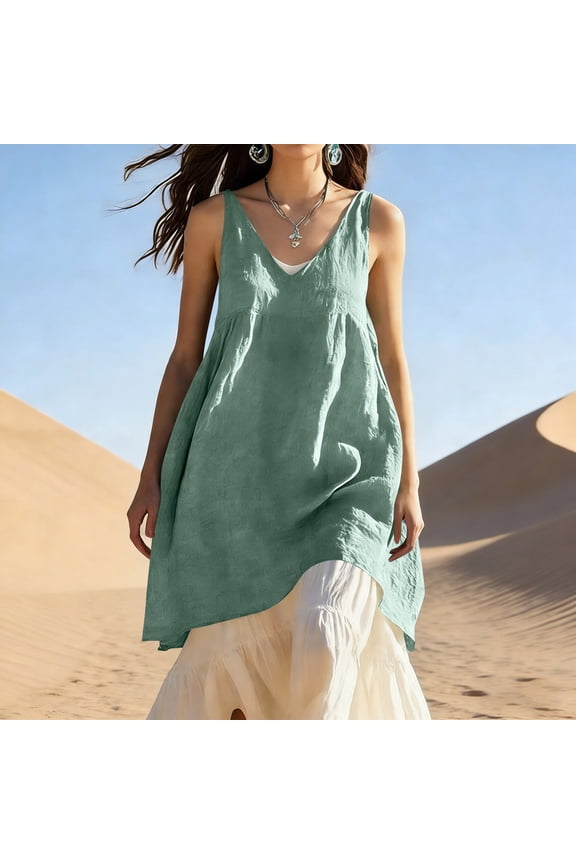 Women's Sleeveless V Neck Linen Tunic Top, Casual Loose Fit Flowy Blouse, Solid Color Summer Shirt for Beach, Vacation and Daily Wear