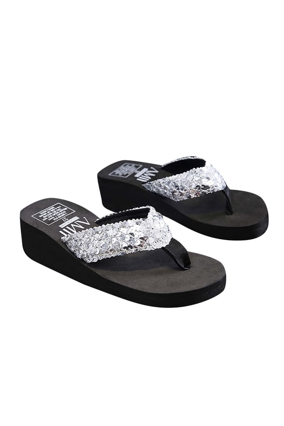 Women's Slippers Women's Summer Wedge Heel Flip Flops Sequin Slippers Beach Non-slip Shoes