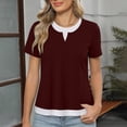 thumbnail image 1 of Babysbule Women's Solid Color Notched V-Neck Short Sleeve T-Shirt Fake Two-Piece Layered Casual Loose Fit Top for Spring Summer Daily Wear, 1 of 6
