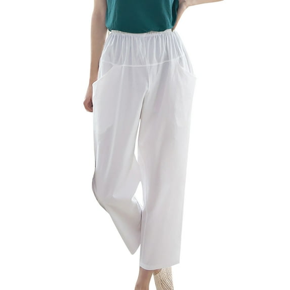 Babysbule Women's Solid Color Pants Loose Casual Double Pocket Capris Trousers