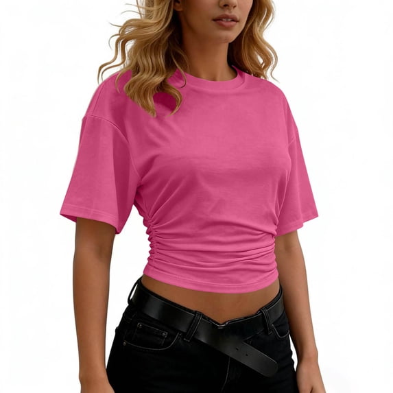 Babysbule Women's Solid Color Round Neck Short Sleeve T-Shirt Ruched Side Cropped Top Casual Fashion Base Layer Tee for Spring Summer Daily Wear