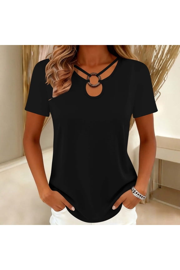 Women's Solid Color Short Sleeve T-Shirt Ring Cutout Neck Casual Loose Fit Curved Hem Top for Spring Summer Daily Wear