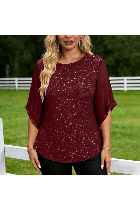 Women's Sparkly Crewneck 3/4 Sleeve Blouse, Chiffon Overlay Glitter Tunic Top, Loose Fit Elegant Shirt for Party, Date Night and Daily Wear