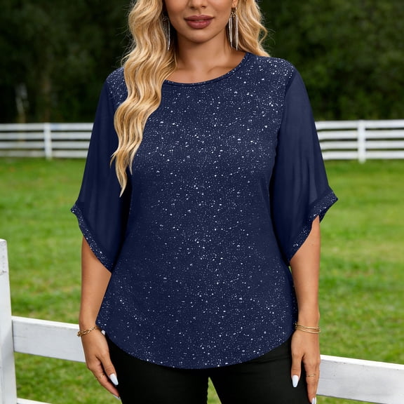 Babysbule Women's Sparkly Crewneck 3/4 Sleeve Blouse, Chiffon Overlay Glitter Tunic Top, Loose Fit Elegant Shirt for Party, Date Night and Daily Wear