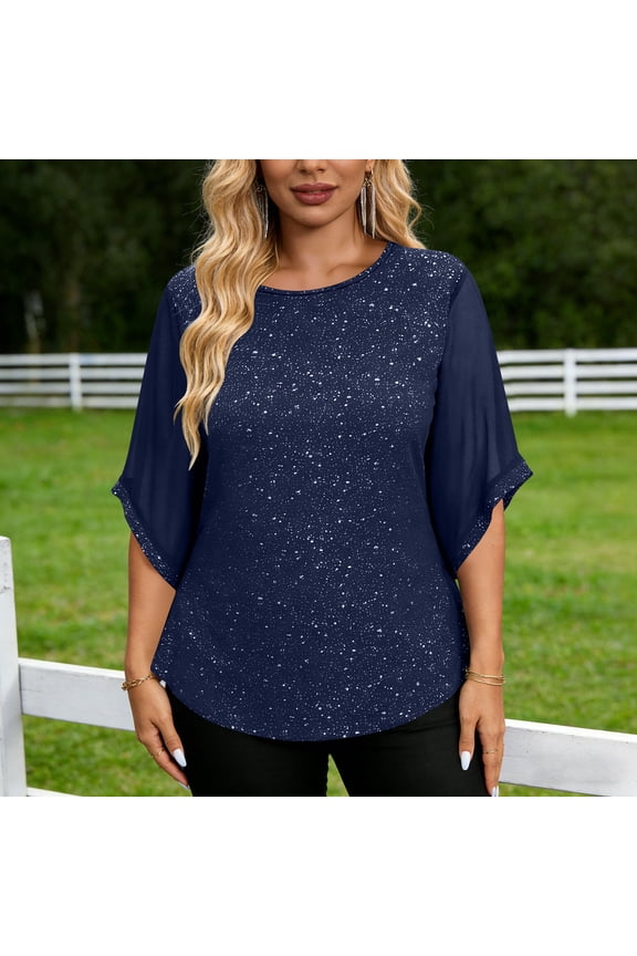 Women's Sparkly Crewneck 3/4 Sleeve Blouse, Chiffon Overlay Glitter Tunic Top, Loose Fit Elegant Shirt for Party, Date Night and Daily Wear