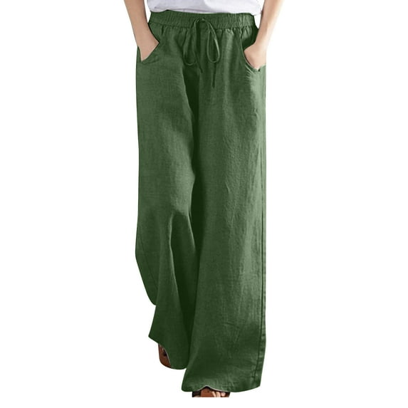 Babysbule Women's Spring And Summer Pants Solid Color Elastic Waist Cotton Linen Versatile Straight Tube Casual Wide Leg Pants
