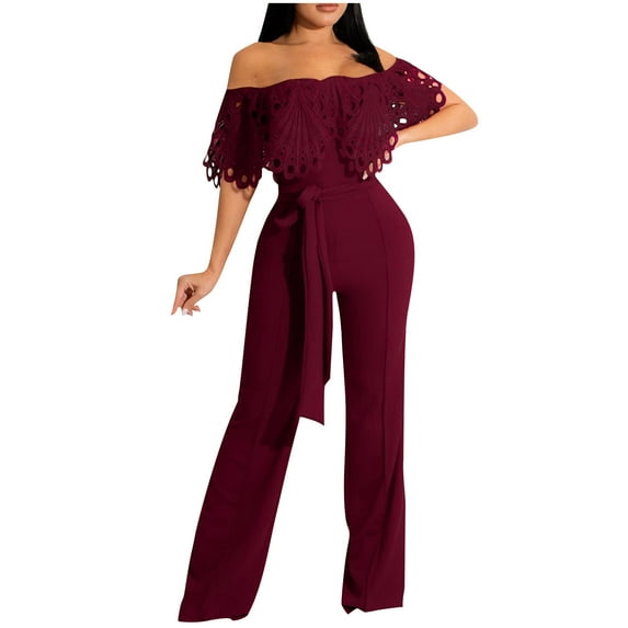 Babysbule Women's Spring And Summer Party Jumpsuit Solid Color Off Shoulder Hollow Lace Ruffle Waist Tie Up Pants
