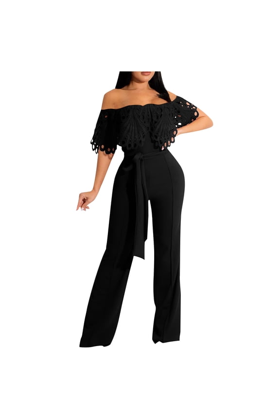 Women's Spring And Summer Party Jumpsuit Solid Color Off Shoulder Hollow Lace Ruffle Waist Tie Up Pants