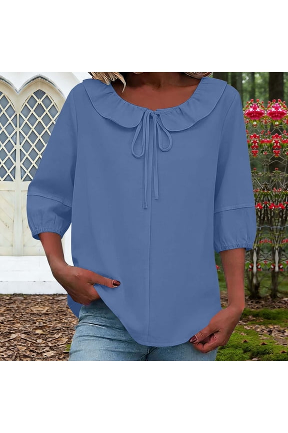Women's Spring Summer Ruffle Drawstring 3/4 Sleeve Top, Casual Solid Color Loose Fit Blouse with Soft Linen Texture for Daily Wear