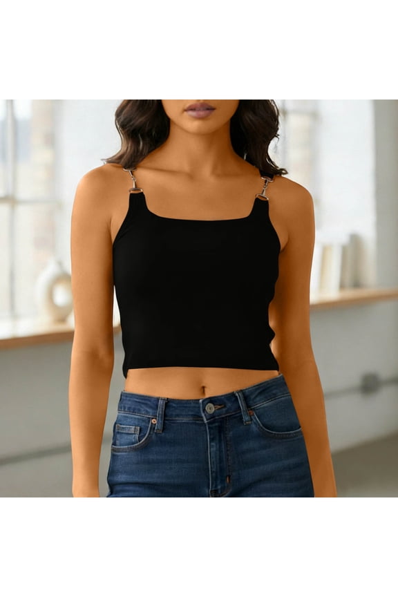 Women's Square Neck Crop Tank Top with Adjustable Metal Buckle Straps, Ribbed Sleeveless Cami for Yoga and Summer Casual Wear