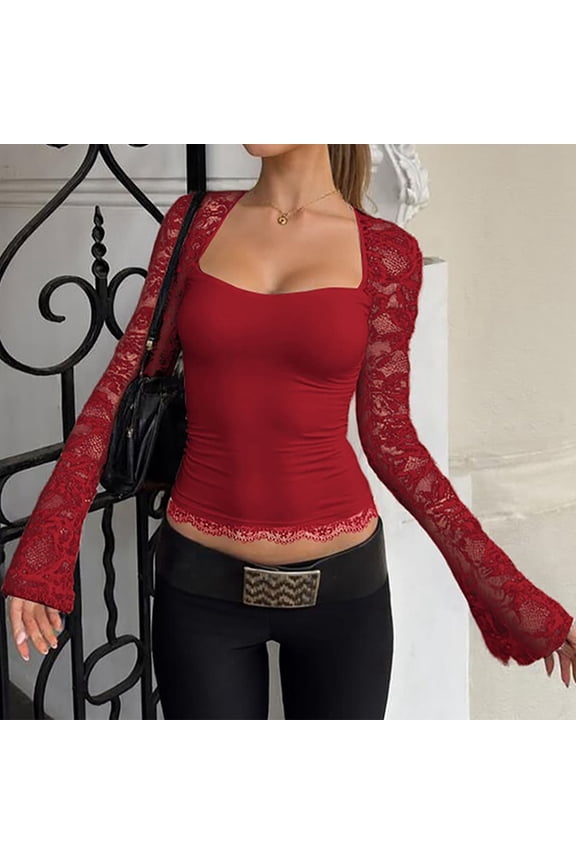 Women's Square Neck Lace Patchwork Long Sleeve Top, Stretchy Bodycon Blouse with Floral Lace Sleeves for Party Daily Wear