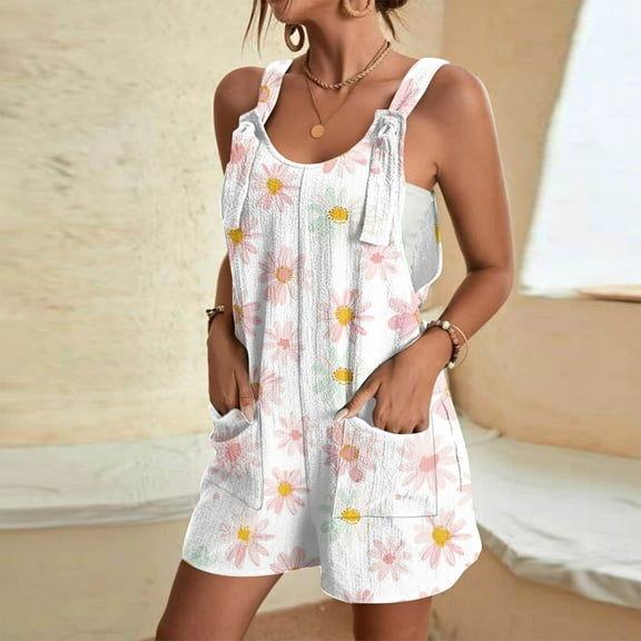 Babysbule Women's Star Printed Overall Jumpsuit Suspender One Piece Sleeveless Wide Leg Shorts Rompers With Pockets