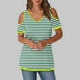 thumbnail image 1 of Babysbule Women's Stripe Printed V-Neck Off Shoulder Top Short Sleeve Casual Fashion Blouse Comfy Lightweight Summer T-Shirt, 1 of 6