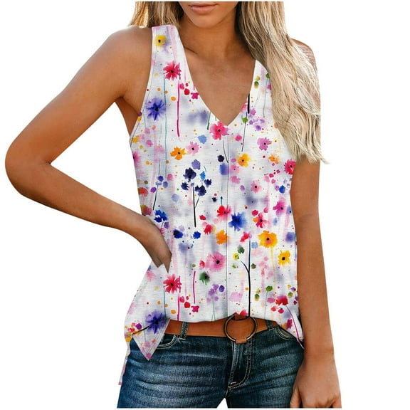 Babysbule Women's Stylish Sleeveless V-Neck Casual Summer Top Blouse Lightweight Comfortable Polyester Fashion Print