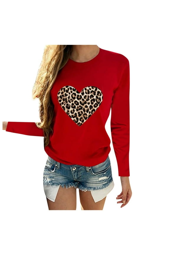 Women's Summer Tops Women Valentine's Day Casual Long Sleeve O Neck Leopard Print Heart-shaped Top