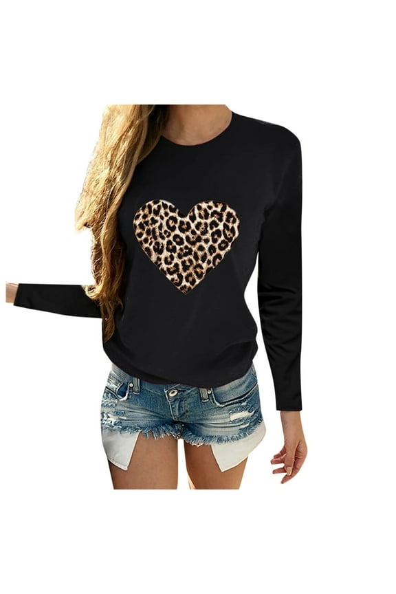 Women's Summer Tops Women Valentine's Day Casual Long Sleeve O Neck Leopard Print Heart-shaped Top