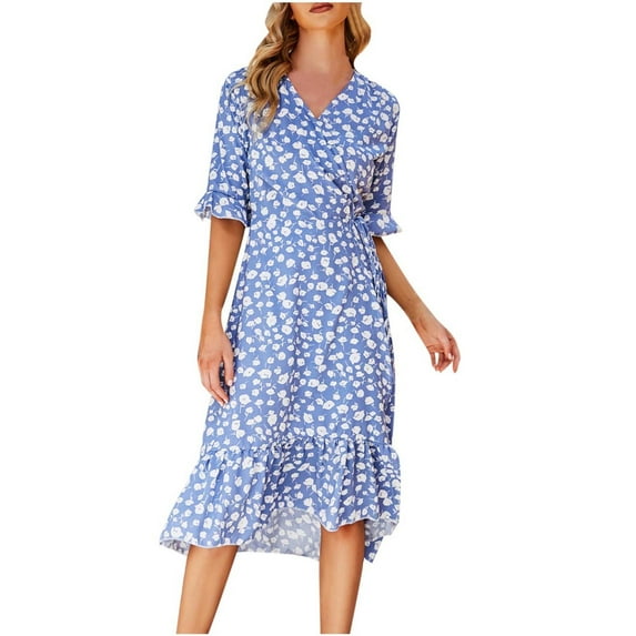 Babysbule Women's Summer Dresses Fashion Women Summer Bandage Casual V-Neck Print Ruffles Short Sleeve Dress