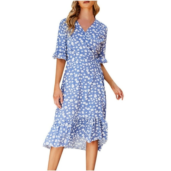 Babysbule Women's Summer Dresses Fashion Women Summer Bandage Casual V-Neck Print Ruffles Short Sleeve Dress