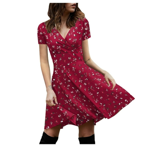 Babysbule Women's Summer Dresses Clearance Women V Neck Manches Short Sleeve Robe Retro Elegant Party Club Casual Dress